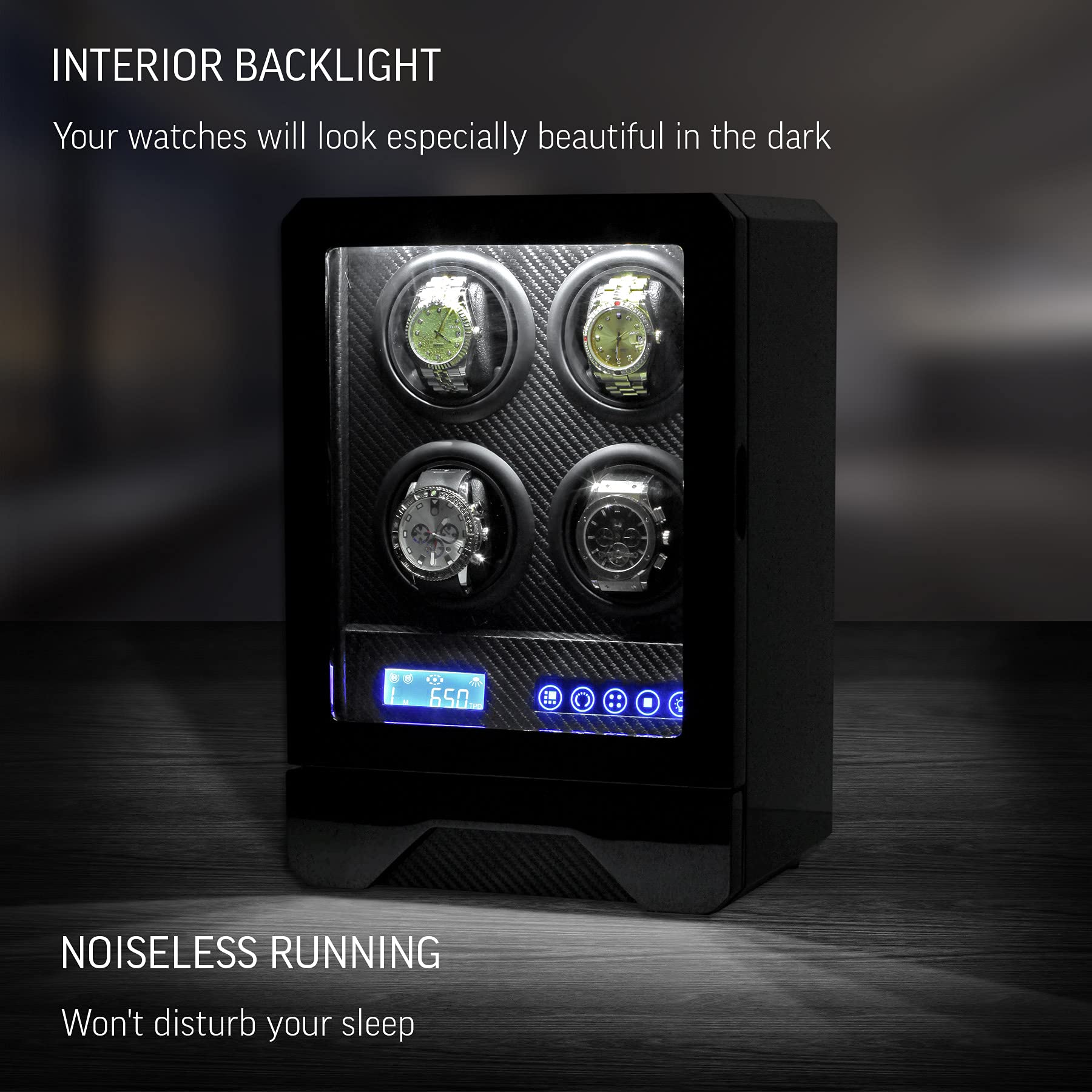 Enrollador automático de relojes para 4 relojes con luz LED, pantalla LCD, control remoto y cajón de almacenamiento, Negro -, Bobinador de relojes