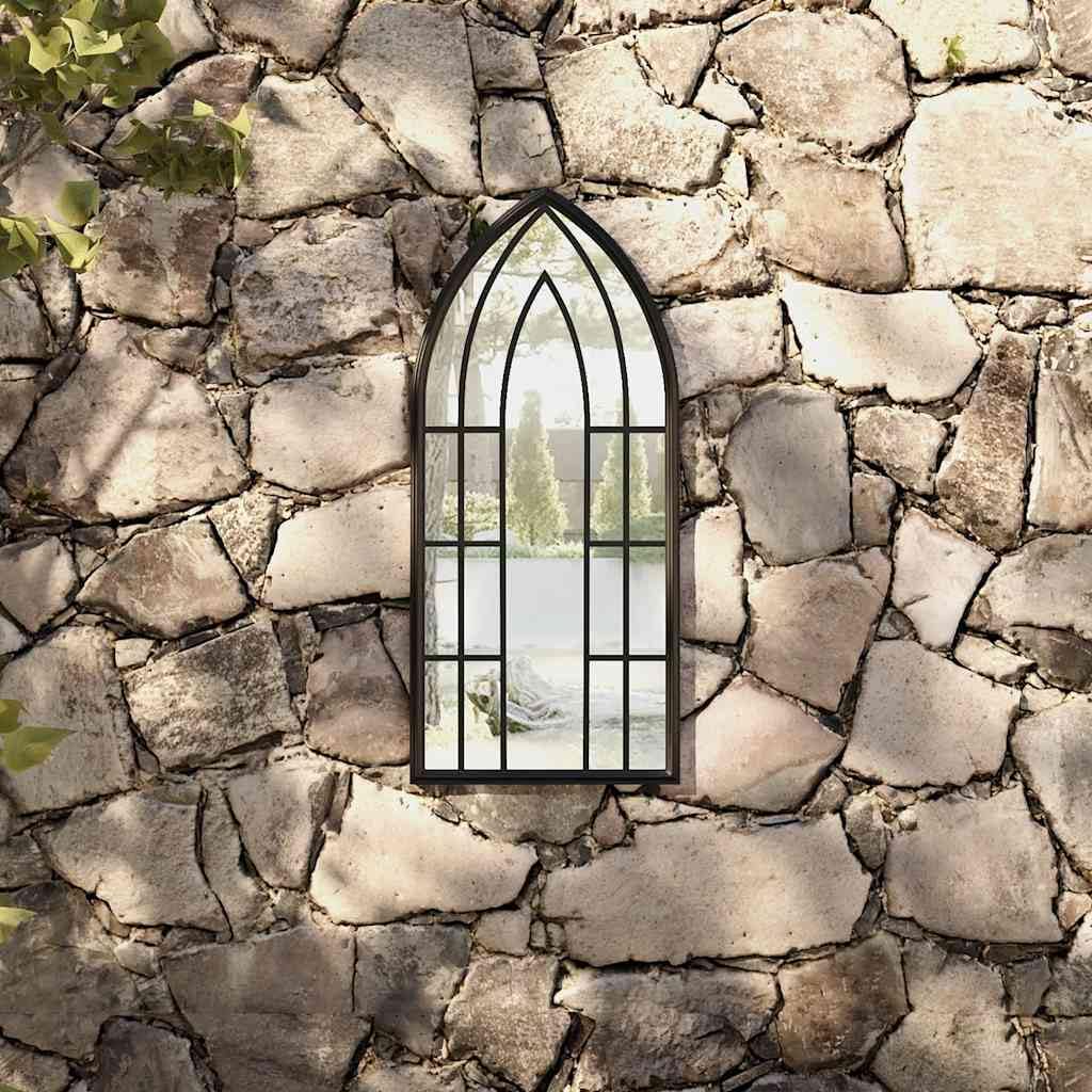 Miroir de jardin noir en fer avec effet rouille 70 x 30 cm, miroir mural pour extérieur, miroir décoratif avec cadre en verre, miroir suspendu pour diriger la lumière et décoration de jardin