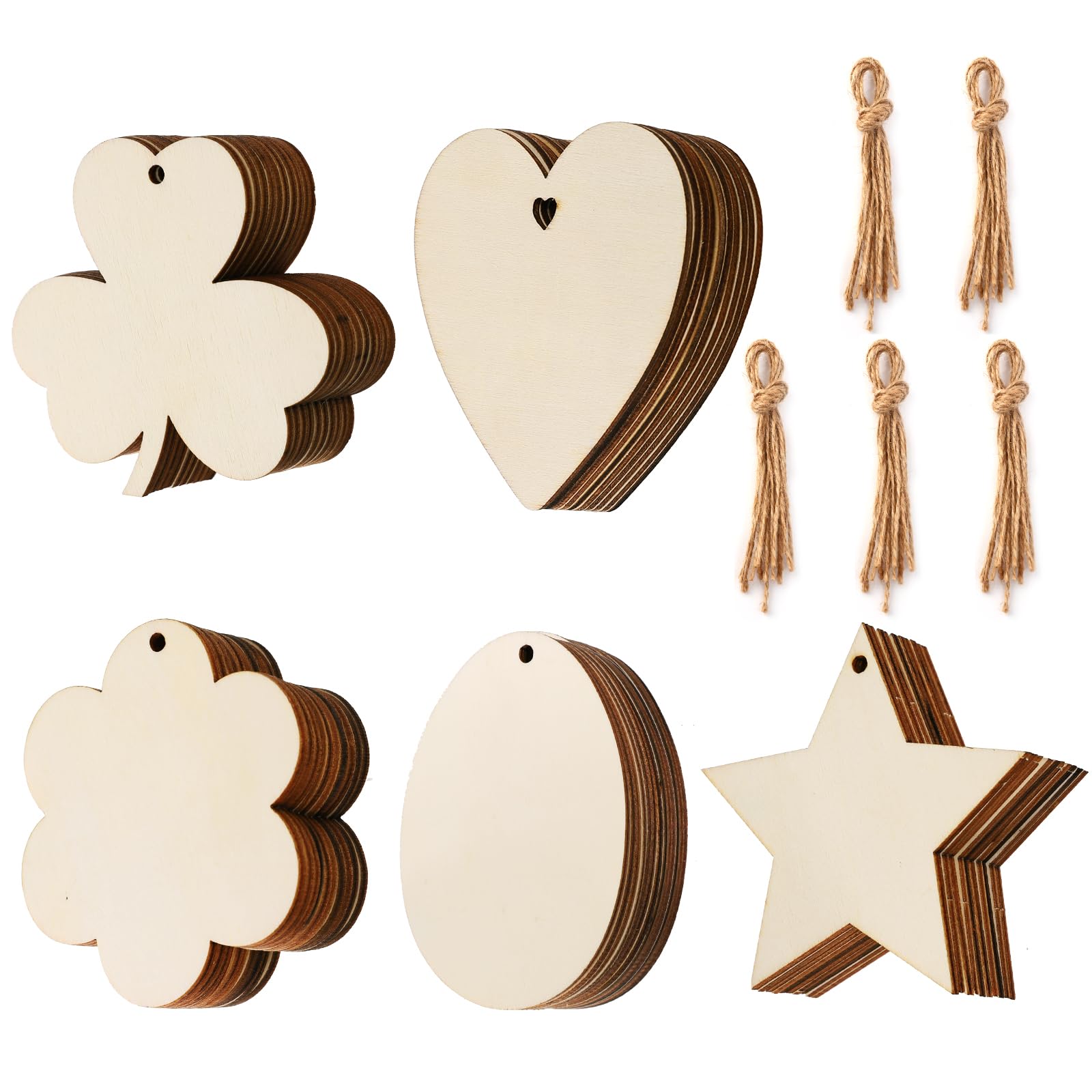 Tmflexe 50 Pcs Unfinished Paintable Blank Wooden Spring Festival Decoration Ornaments, Valetine's Day Easter St.Patrick Tree Hanging Wood Slices for