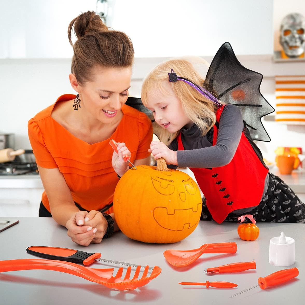 Exclusive Discount 50% Price Pumpkin Carving Kit for Kids, 6 Easy Halloween Pumpkin Carving Tools Set, 6 LED Candles, 10 Carving Stencils & 20 Halloween Cellophane Candy Bags