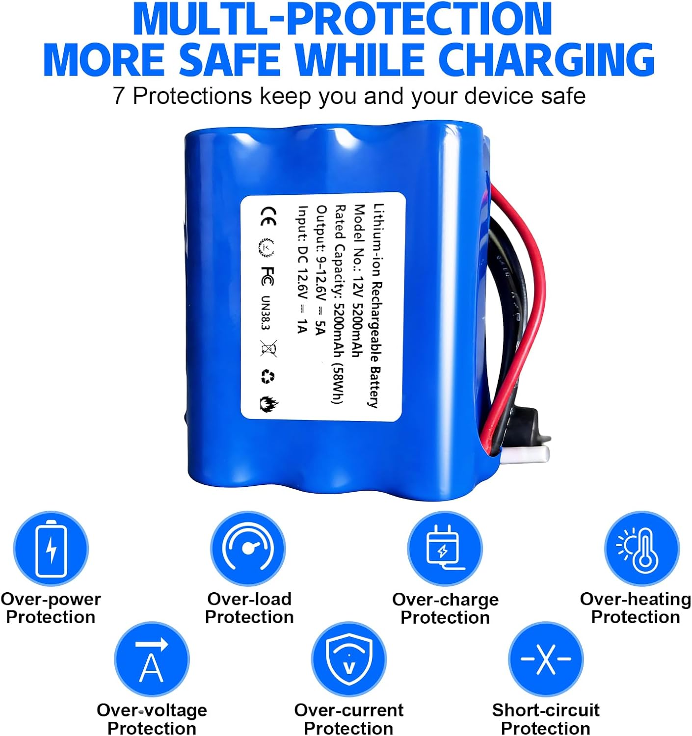 12V 5200mAh Rechargeable Lithium Battery Pack, Bare Leads Wire Battery with Charger Perfect for 12V Devices, DIY Project, Speakers, RC Car, Robot Toys, LED Light Strip, Electric Tool, CCTV Camera