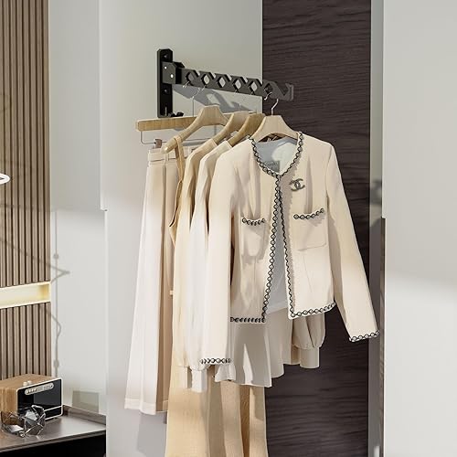 Miniatura 9 de Soporte para colgar abrigos de pared, organizador de secado de ropa negro, ganchos de aluminio retráctiles plegables para interiores para colgar en