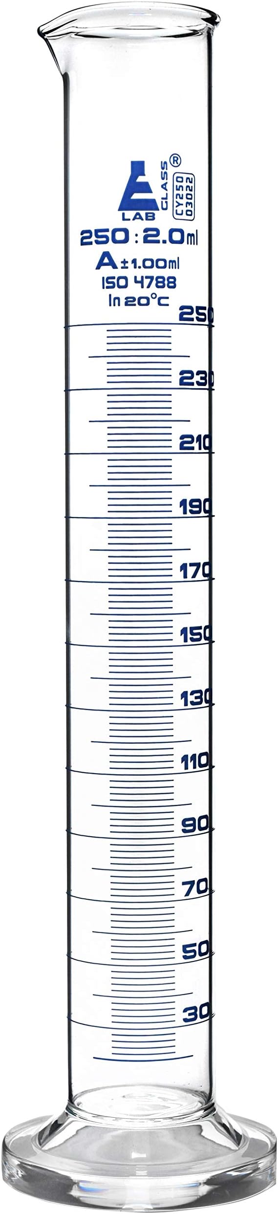 Graduated Cylinder, 250ml - Class A Tolerance ±1.00ml - Round Base - Blue Graduations - Borosilicate 3.3 Glass - Eisco Labs