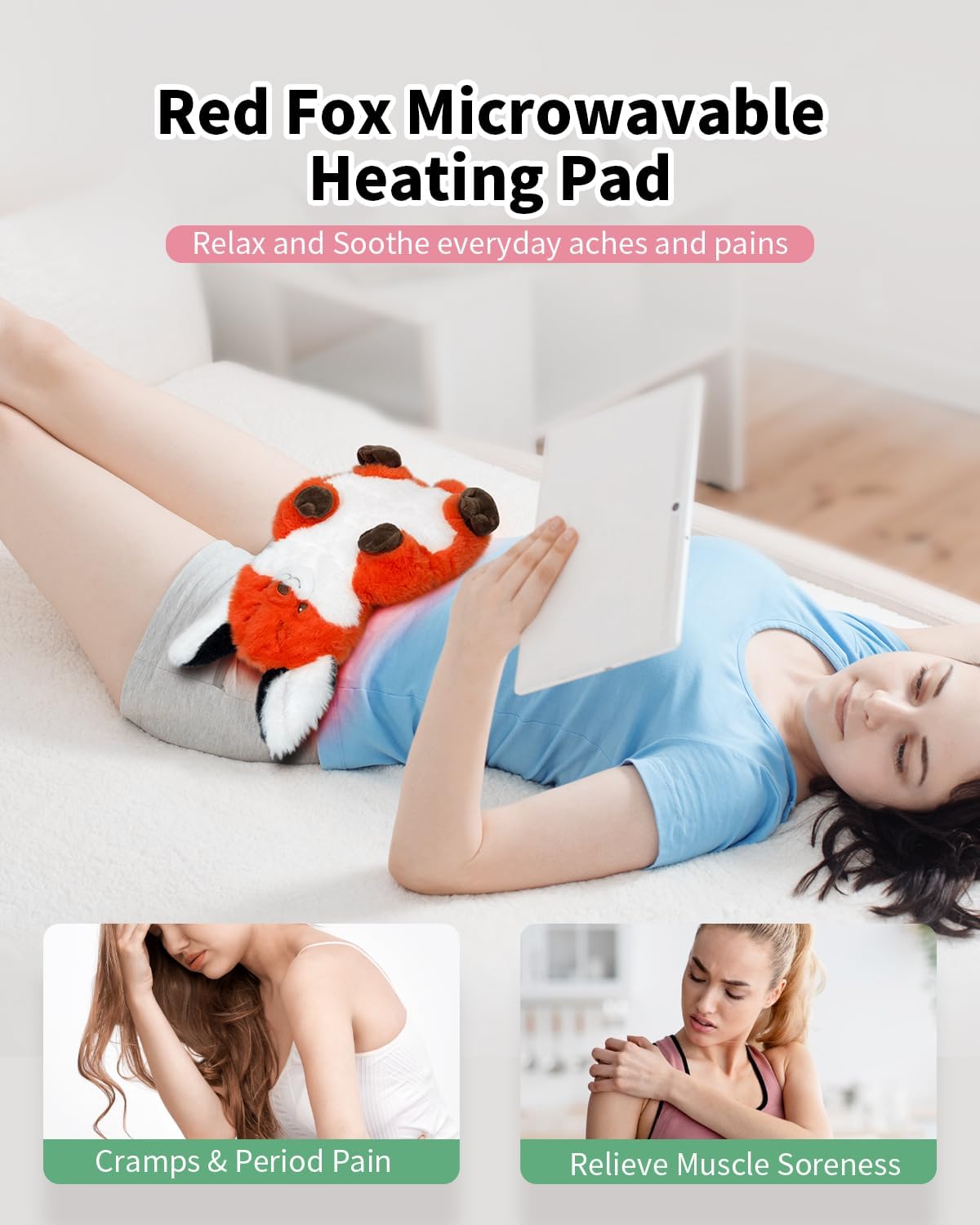Red Fox Microwave Heating Pad for Period Cramps, Microwavable Stuffed Animal Cute Moist Weighted Plush Heating Bean Bag with Removable Cover Unscented Heatable Gifts
