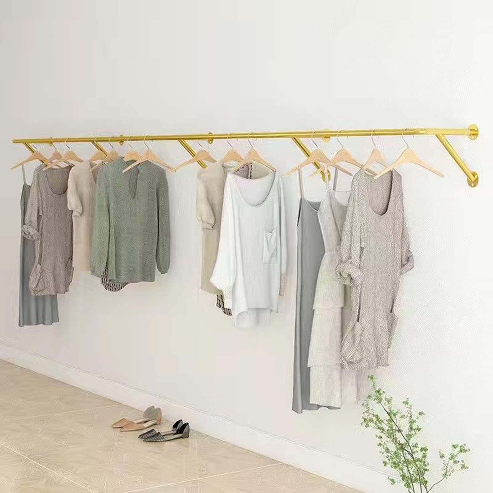 HPTHLY Modern Retail Garment Display Rack, Boutique Store Hanger Industrial Pipe Clothes Bar, Wall-Mounted Garment Holder Storage Shelves Gold Clothes Rod, Cloakroom Organi(Gold-Length 300Cm)