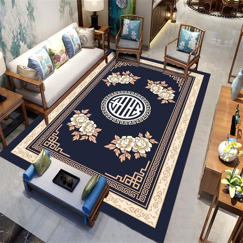Descente de lit chambre grand tapis lavable bleu classique