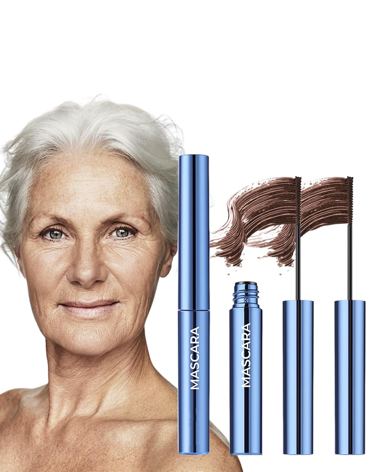 Mascara for Older Women 60 Plus,2Pcs Brown Volumizing Waterproof Prime Mascara Eyelash for Mature Women with Thinning Lash Volume and Length,Hypoallergenic Long Lasting No Clumps for Sensitive Eyes-02