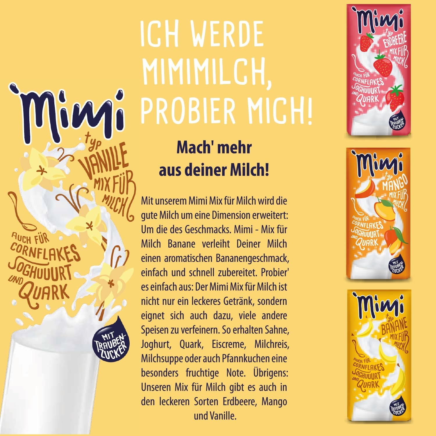 Mimi Milch-Mix Bebida Vainilla Bebida en polvo 12 x 400 g - Paquete de almacenamiento - Deliciosa bebida con sabor a vainilla - Soluble en frío y caliente - Ideal para ocio, oficina, familia grande