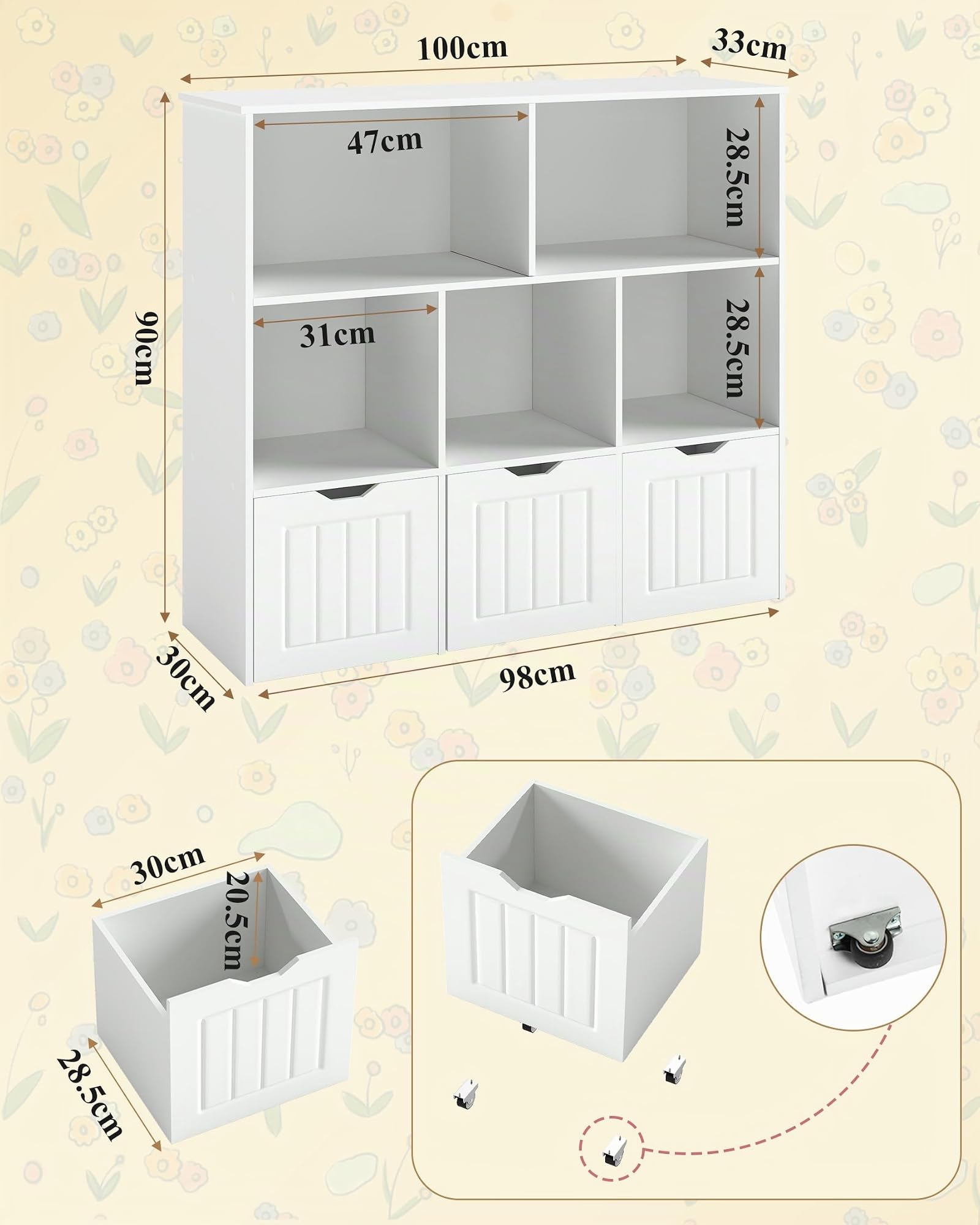 Organizador de Juguetes con Cajones, Estanteria Infantil Montessori, Mueble Almacenaje para Habitación Infantil, Librería con 5 Estantes, Estante para Niños, Blanco 100x33x89.5cm