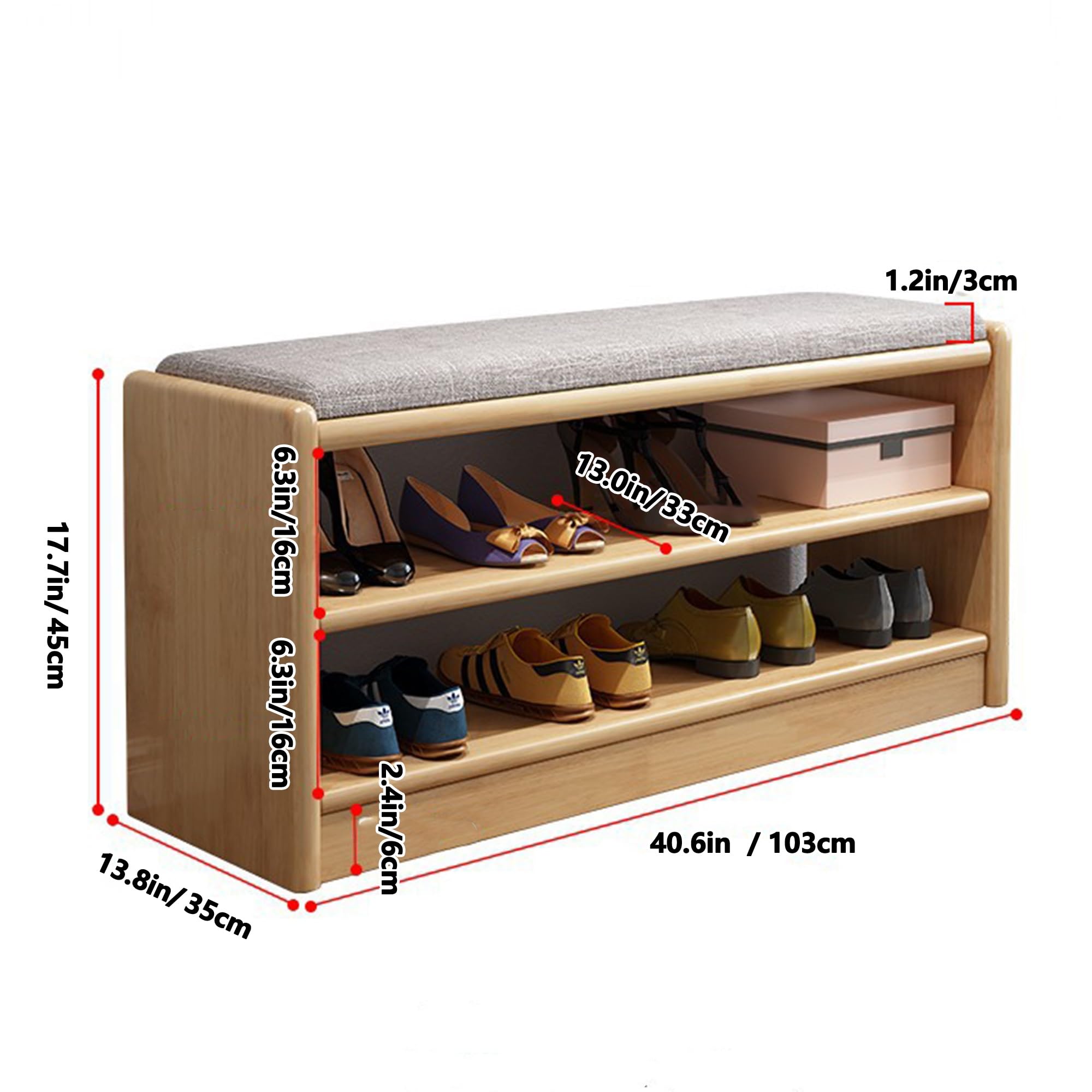 Zapatero otomano con Almacenamiento, Banco de Entrada, Estructura de Madera Maciza, cojín de Alta Resistencia, Estante para Exterior, 2 Opciones de Color (Madera, cojín, 103 cm)