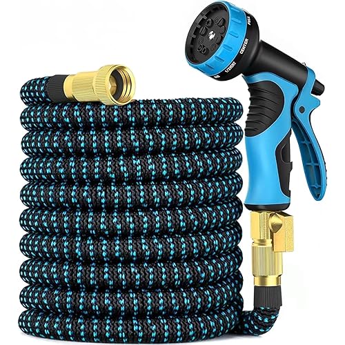 Expandable Garden Hose 50 ft with 10 Function Hose Nozzle, Flexible Hose with 60 Layers Nano Rubber Leakproof Lightweight,3/4 Solid Brass Connectors for Gardening