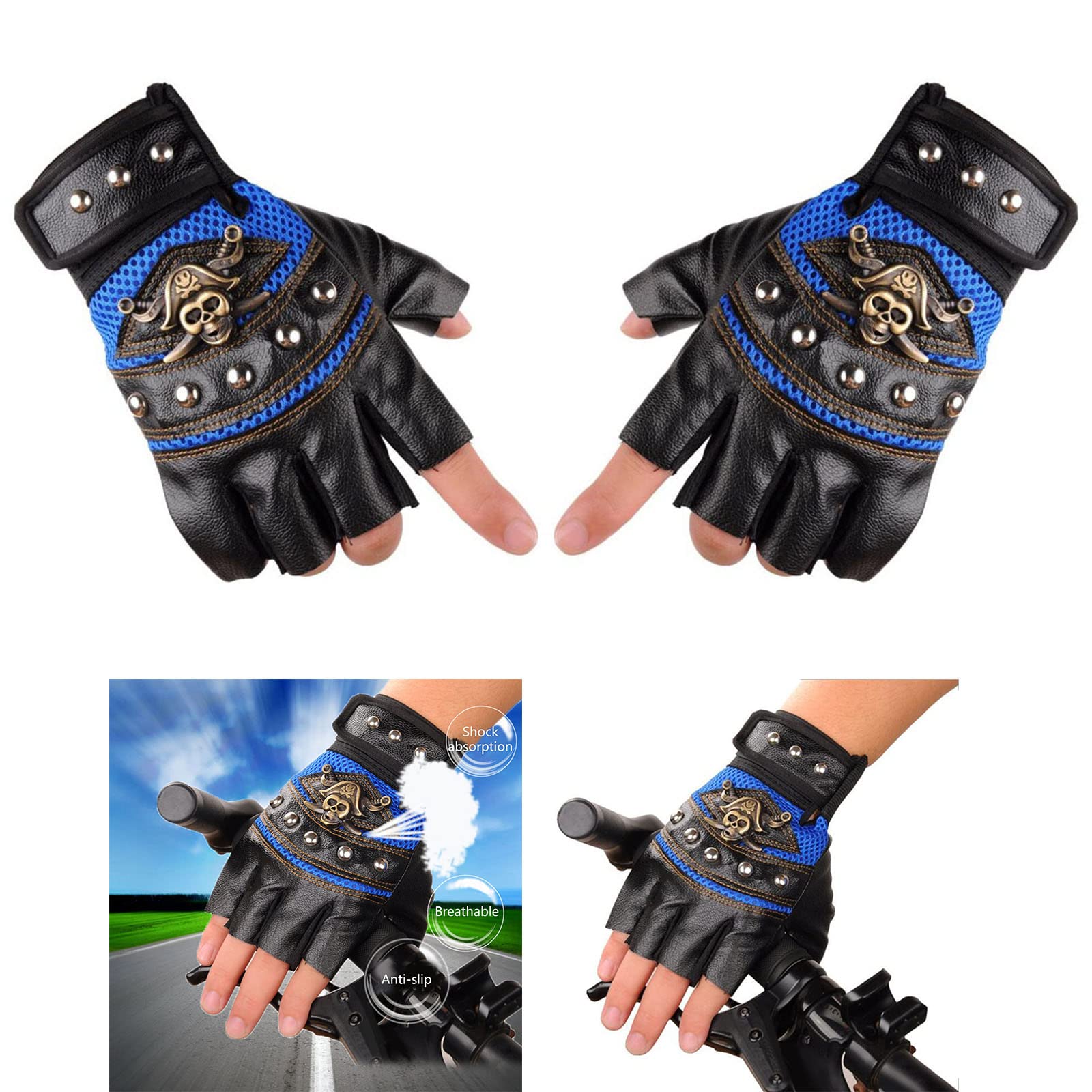 Driving Motorcycle Riding Gloves Punk Pirate Skull Summer Autumn Gloves For Men Non-slip Breathable PU Leather Half-finger Gl