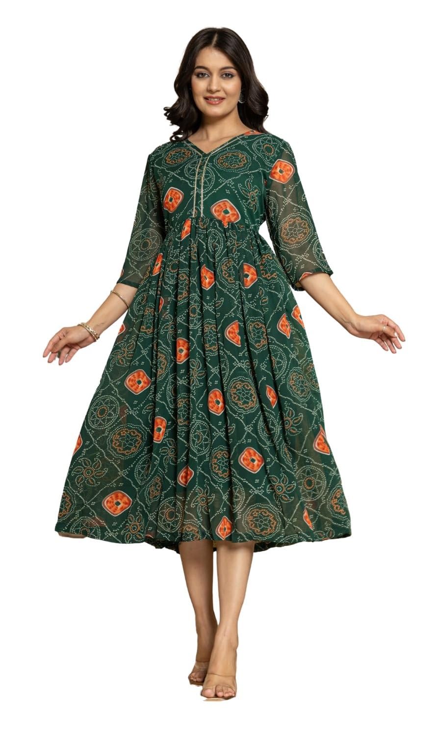 pushpraj fashion Women's Georgette V Neck 3/4 Sleeve Bandhej Printed Stylish Gown (Green-M)-picture-31