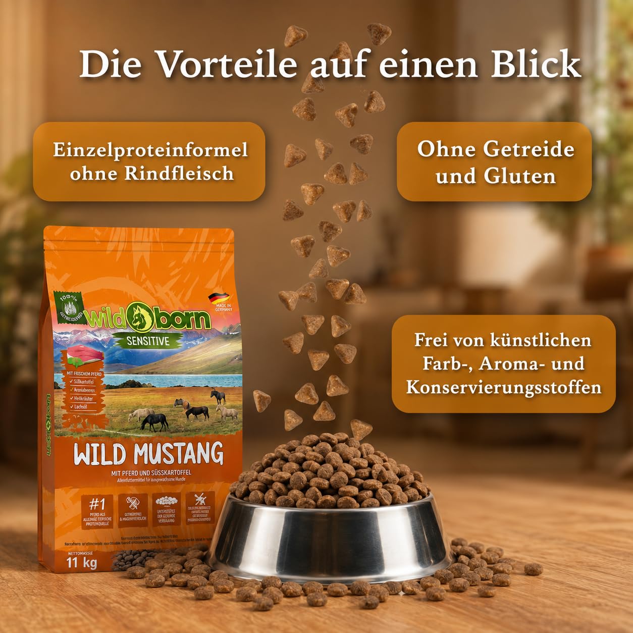 Wildborn Wild Mustang 1 x 11 kg getreidefreies Hundefutter mit Pferdefleisch, Süßkartoffel & Aroniabeeren | Monoproteinprodukt auch für Allergiker geeignet
