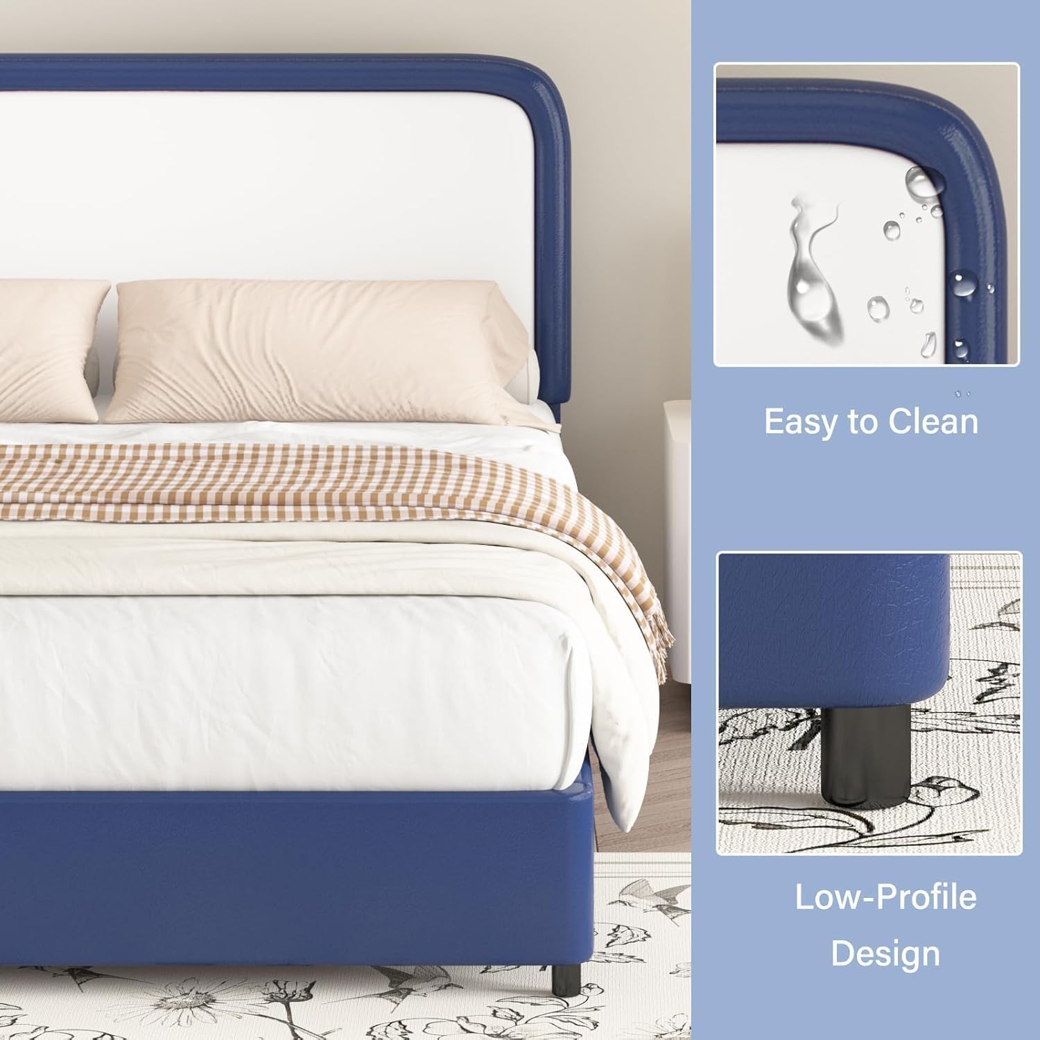 BarnFurin Upholstered Bed Frame Queen, Faux Leather Platform Bed with Curved Headboard, Classic Color-Block Design, Soft Rounded Corners, No Box Spring Required, Easy Assembly, Blue