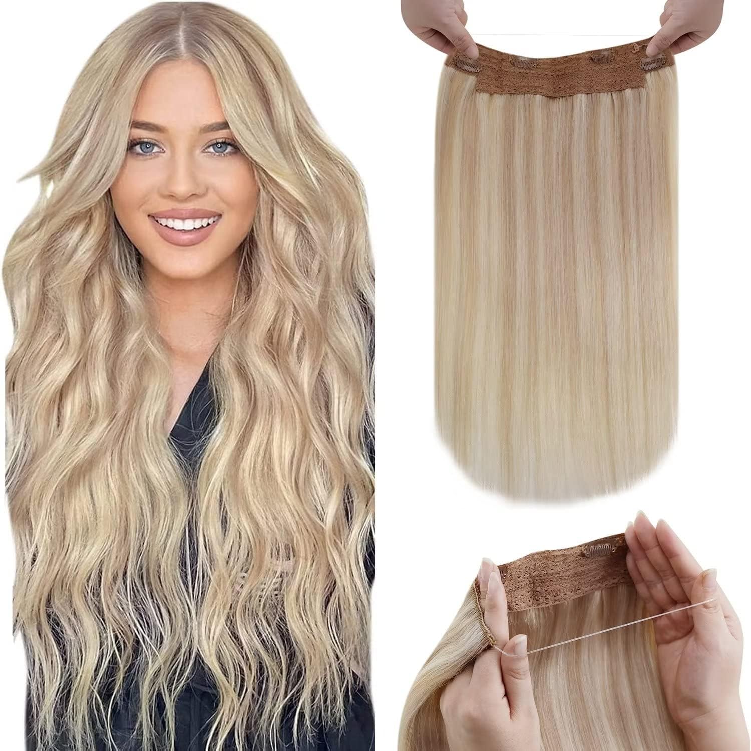 LaaVoo Invisible Wire Human Hair Extensions for Women Blonde 80g 12inch Silky Double Weft Ash