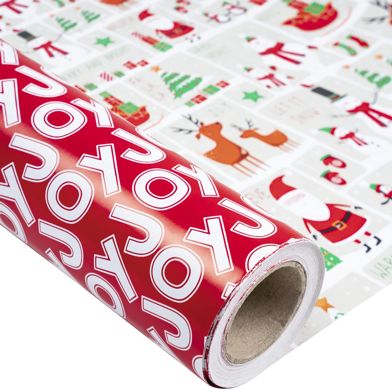 LeZakaa Christmas Wrapping Paper Jumbo Roll for Kids, Snowman Reindeer Santa Trees Let It Snow & JOY Print in Red Reversible Design for Festive Holiday, Family Gathering, 24 inches x 100 Feet — image 1