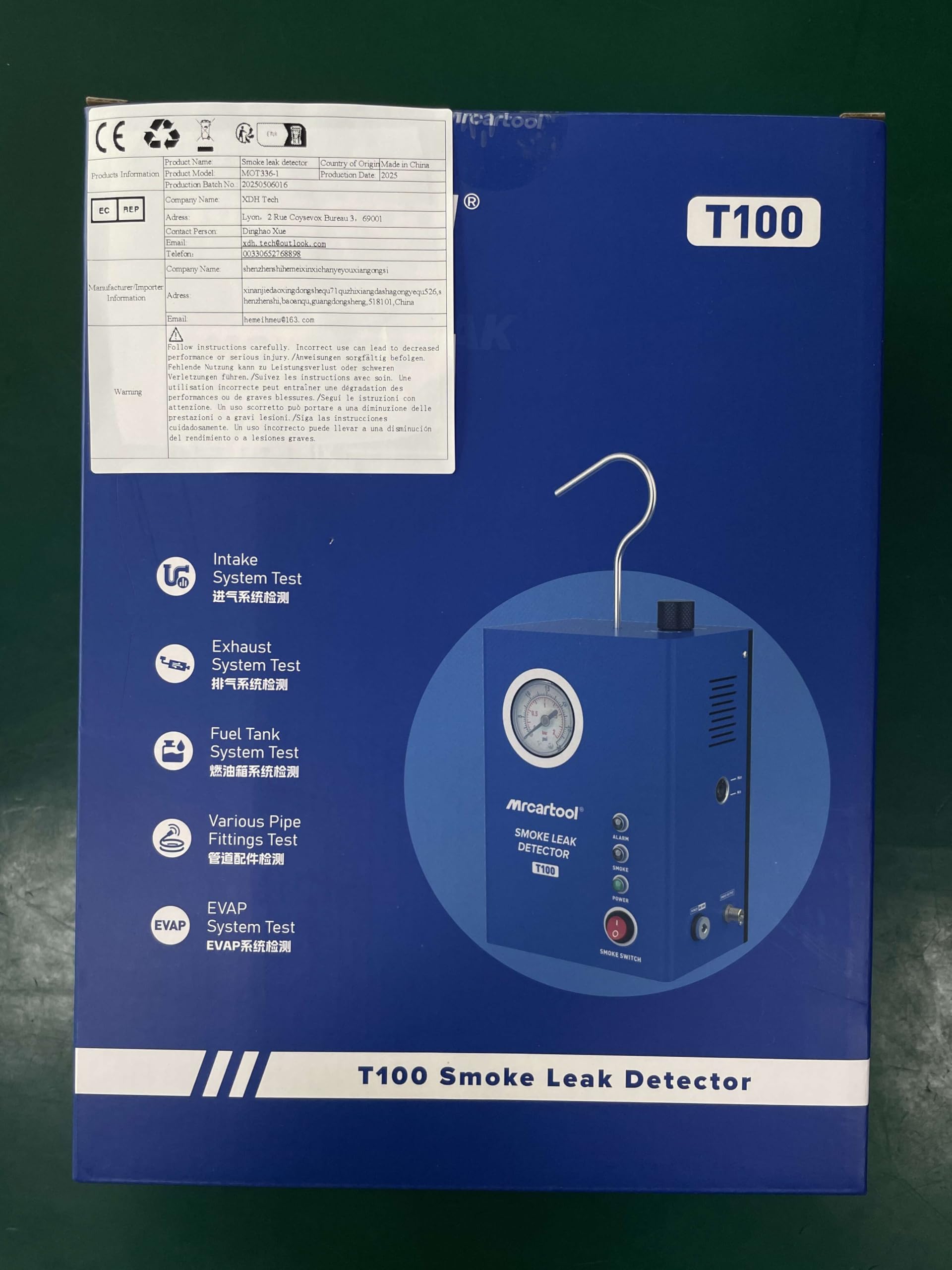 Detector de Fugas por Humo MR CARTOOL T100 - Probador de Fugas de Humo para EVAP Automotriz con Bomba de Aire y Manómetro Incorporados los Vehículos de 12V CC