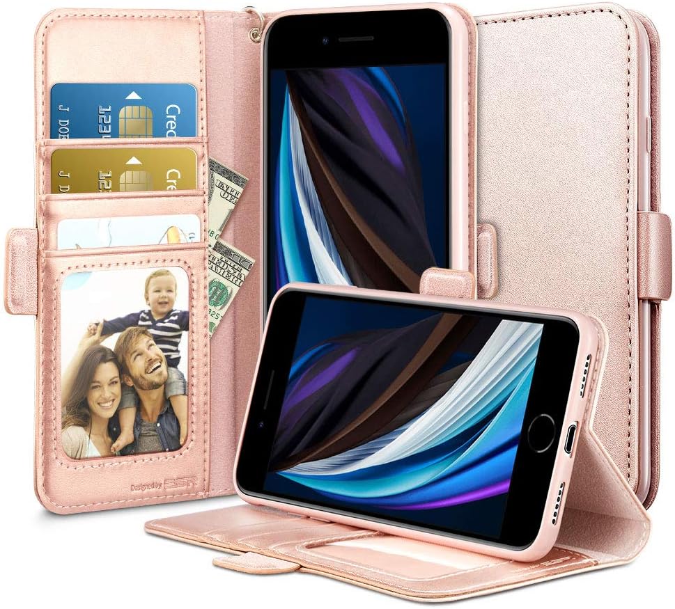 ESR Case for iPhone 8/7, Wallet Case, [Kickstand Feature] [Scratch-Free Flexible Inner Case] Folio Wallet Case with Strap/Card Slots/Side Pocket(Rose Gold)