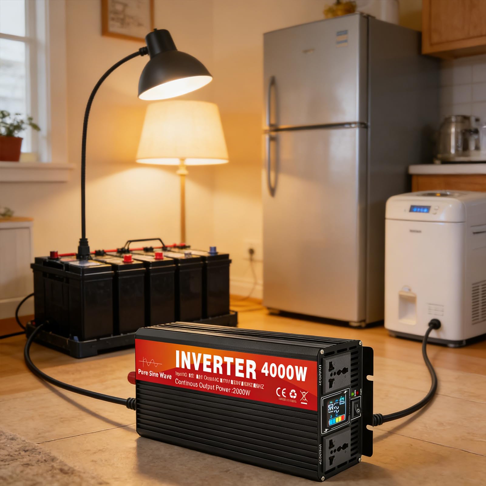 Inversor de Corriente para Coche de 2000W, 12V/24V/48V/60V/72V CC a 110V/230V CA, Inversor de Onda Sinusoidal Pura, Potencia de Sobretensión de 4000W, con Tomas de CA para Ry, Camión(Size:12V to 230V)