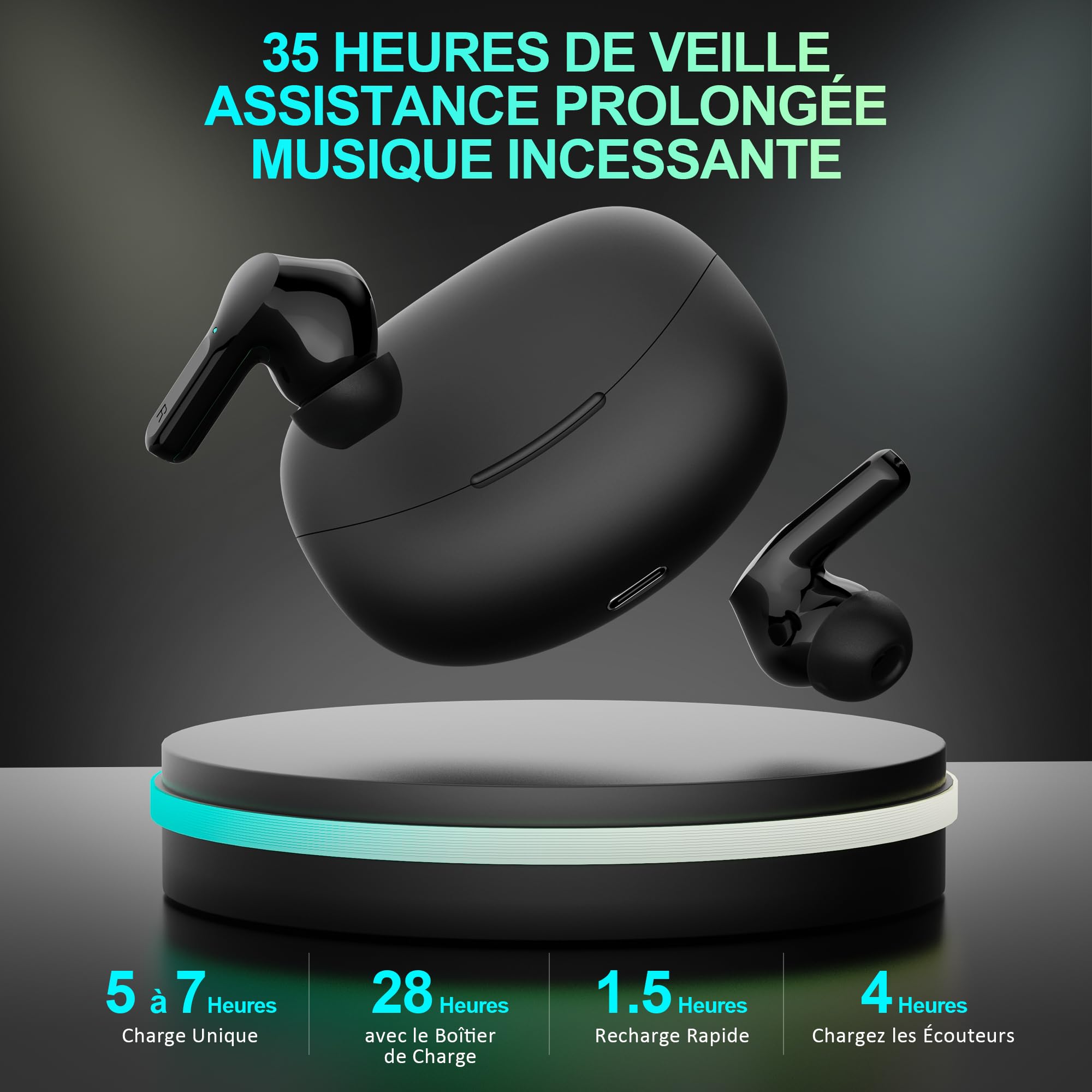 Ecouteurs Bluetooth sans Fil, Bluetooth 5.3 Ecouteurs sans Fil,Ecouteurs Hi-FI Son Stéréo,Écouteurs 35H Durée de Lecture CVC USB C Casque pour iOS Galaxy Xiaomi Oppo Android, Noir