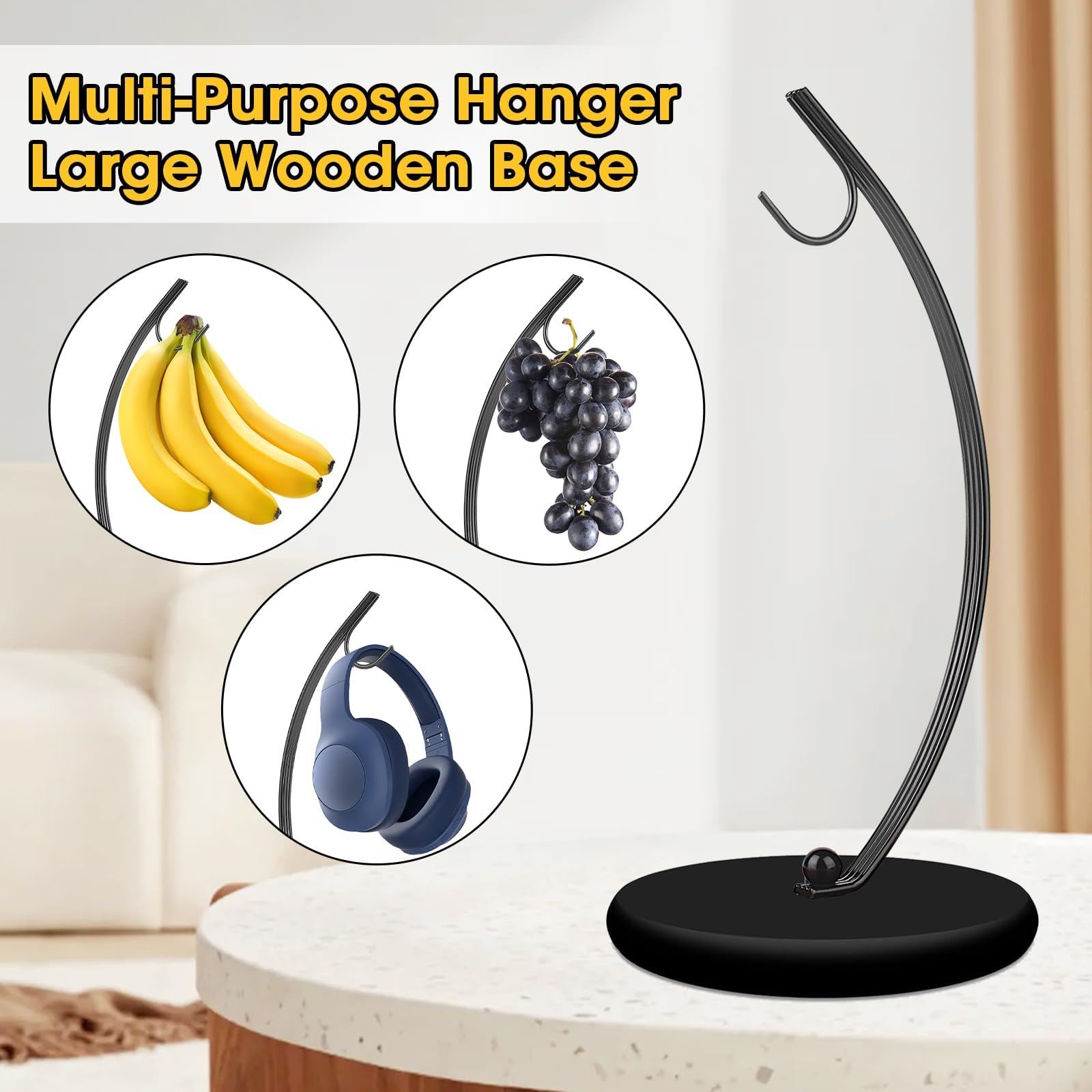 HOMKULA Banana Holder Stand - Banana Hook Hanger, Banana Tree Holder, Banana Rack for Kitchen Counter, Stainless Steel&Wooden Base (Black) - Image 4