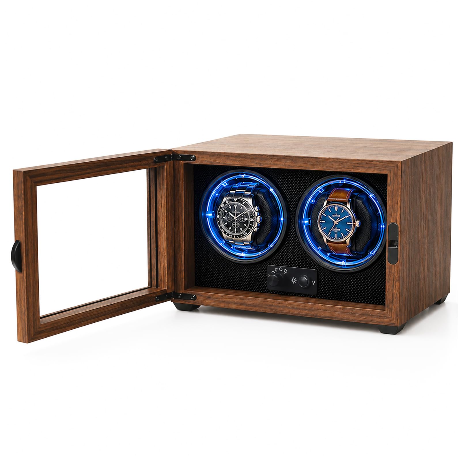 Automatischer DoppelUhrenbeweger Box mit leisem Motor für 2 Uhren LED-Licht | Selbstaufziehendes Holz-Uhrenbeweger-Gehäuse mit 4 Rotationsmodi, USB-DC-betrieben für Herren- und Damen-Mechanikuhren
