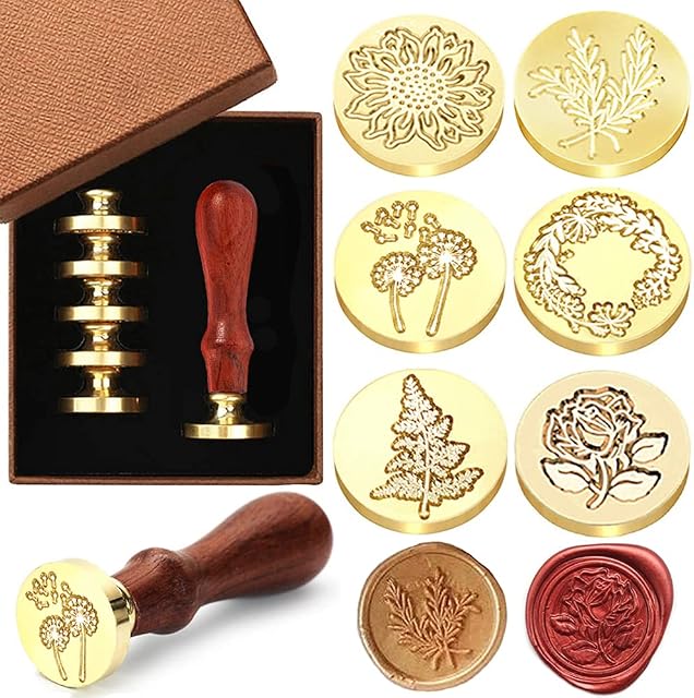 Wax Seal Stamp Set, 6 Pieces Sealing Wax Stamps Copper Seals 1 Wooden Handle, Wax Stamp Kit for Cards Envelopes, Invitations, Wine Packages (Plant)