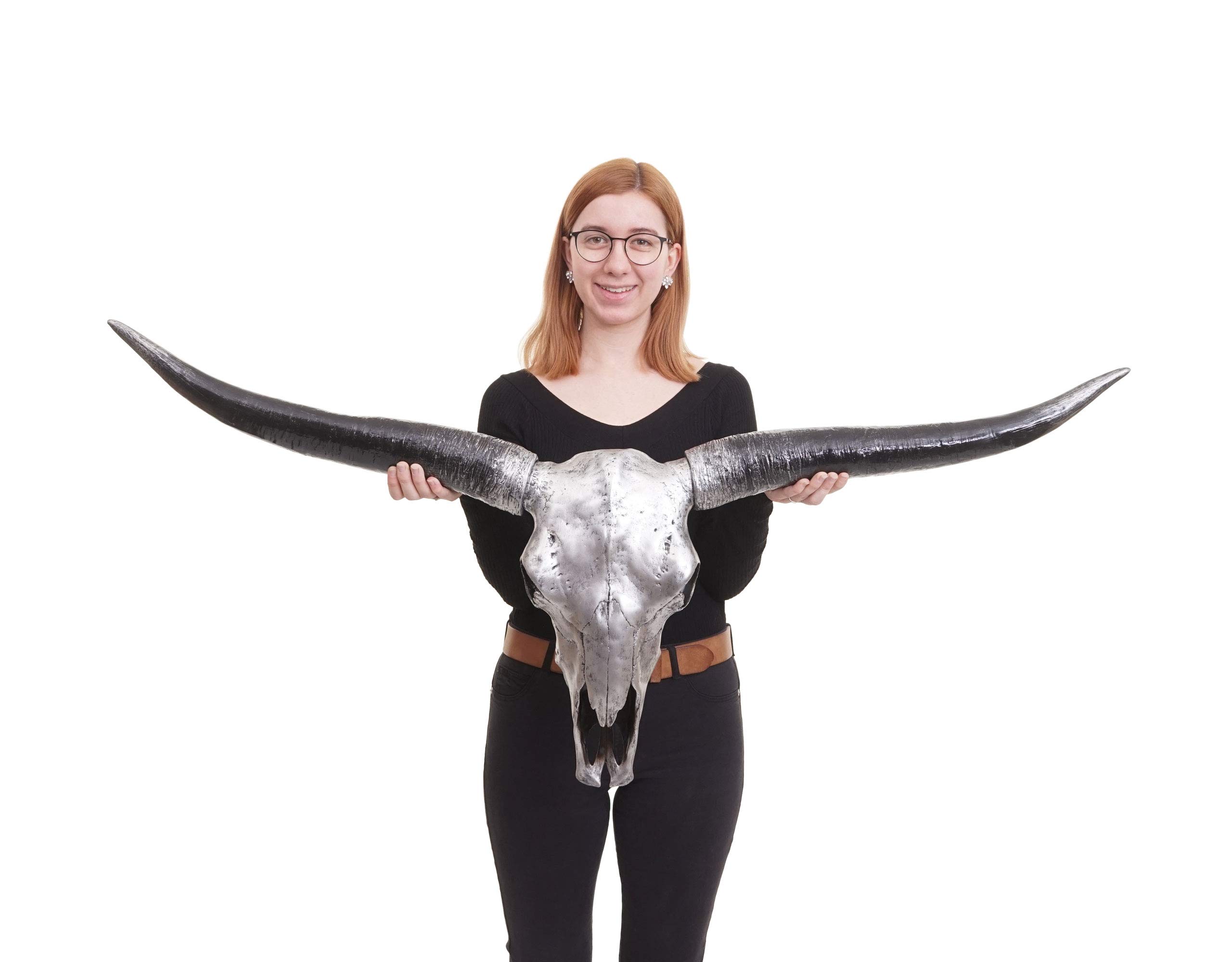 Mendler Deko Schädel 132cm HWC-A14AM, Polyresin Stier Bulle Longhorn Kopf Trophäe, In-/Outdoor - silberfarben