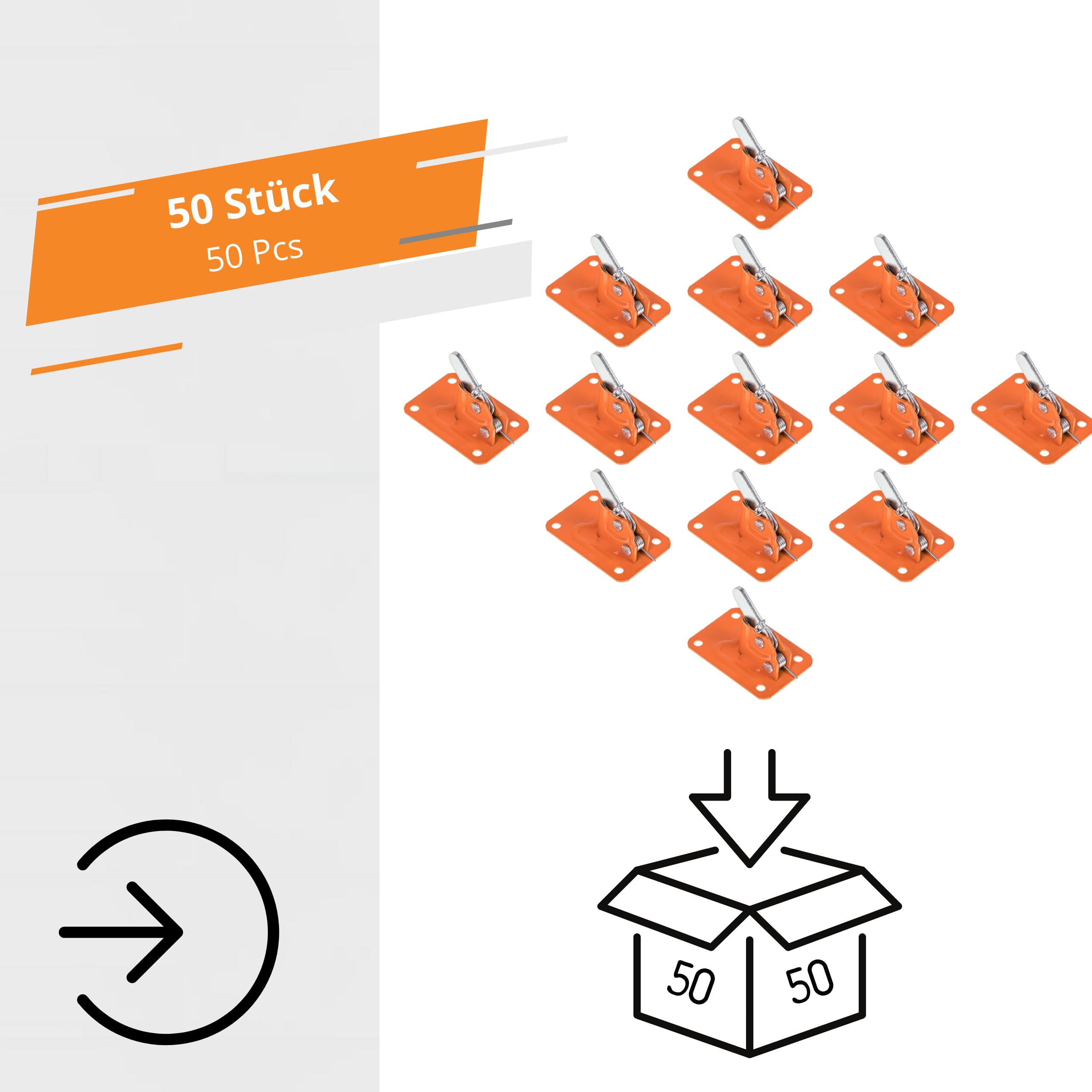 INTAKO 50 Stück Schalungsklemmschloss – Exzenterklemme 70 x 100 mm, Schalungsschloss Spannfrösche 6–10 mm für Bewehrungsdraht, Spring Clamp/Rapid Clamp - Schalungszubehör (Orange)