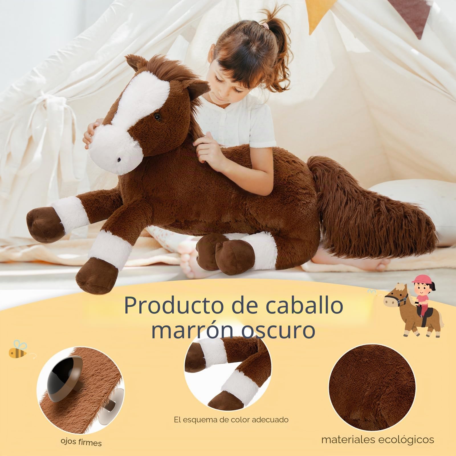 MorisMos Animales de peluche de caballo grande de 120 cm de largo, XXL, caballo de caballo grande marrón oscuro, peluche, cumpleaños, Navidad, regalo, niños, bebé