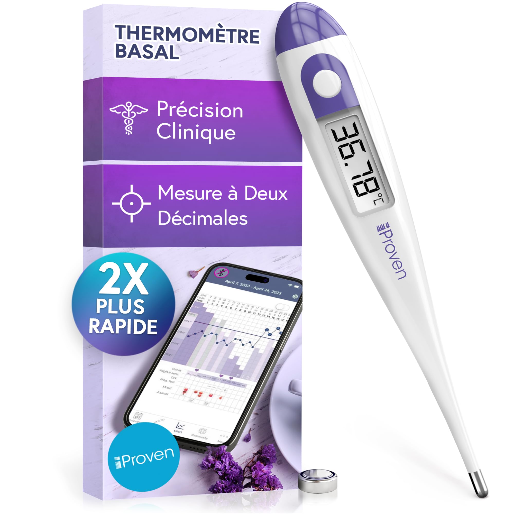 Thermometre basal ovulation – Thermometre double decimale, lecture rapide en 60 s, fonction mémoire, thermomètre basal pour suivi naturel de l’ovulation, BBT précis, thermometre symptothermie iProven