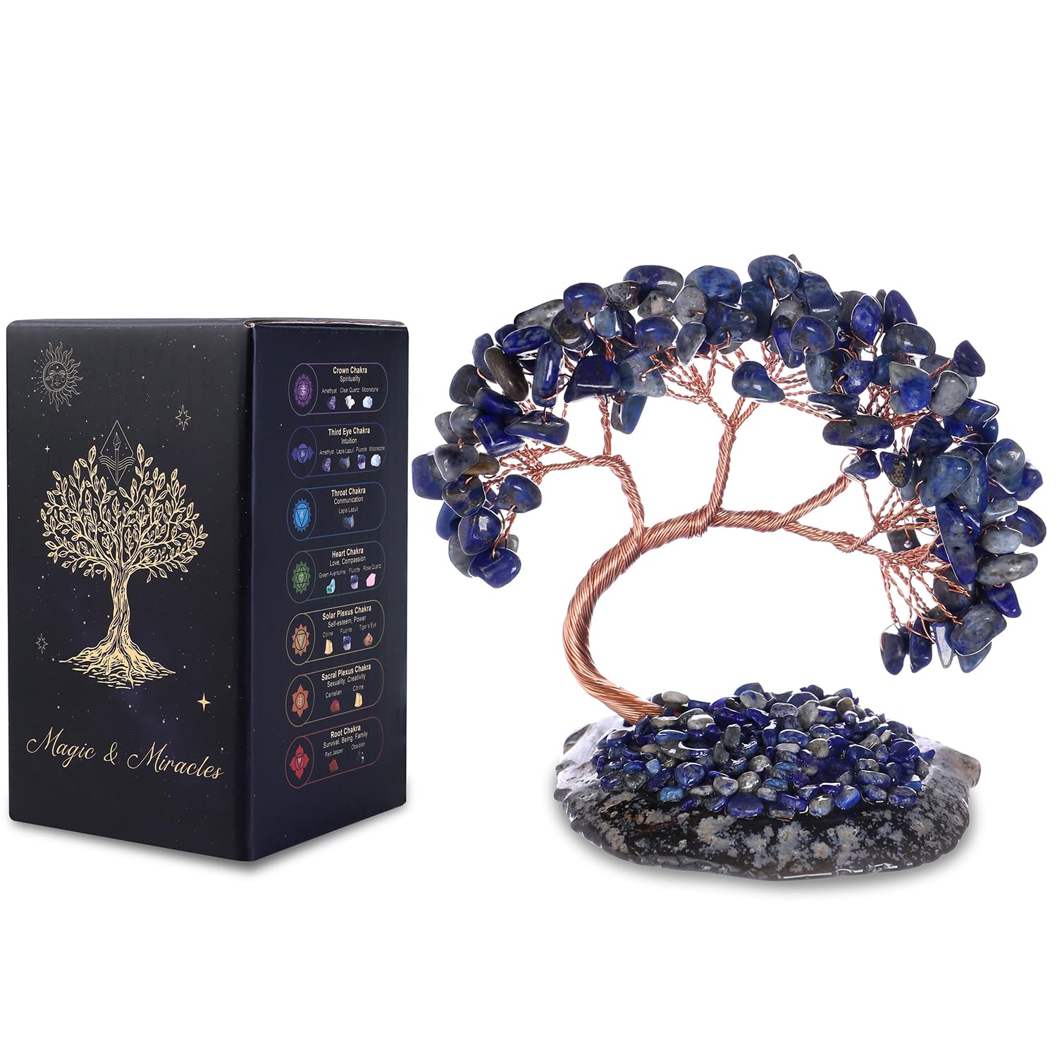 Lapis lazuli Arbre de Vie en Cristal Naturel 108 Pierres Feng Shui Chakra Reiki Arbre Bonsaï Énergie Décoration Maison Bureau Cadeau Spirituel Base Pierre Irrégulière 8-11 cm