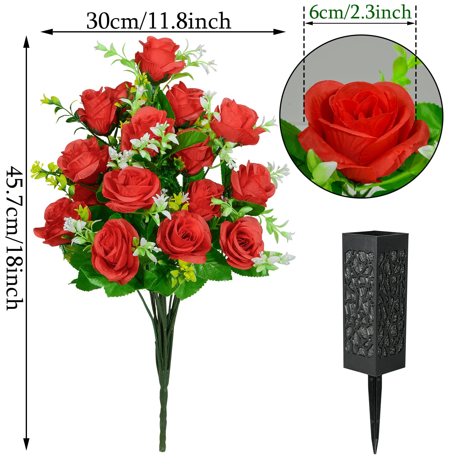 2 Bouquets De Roses Artificielles Pour Cimetière Avec Vase - Fleurs En Soie Résistantes Aux Intempéries - Hauteur 45.7cm