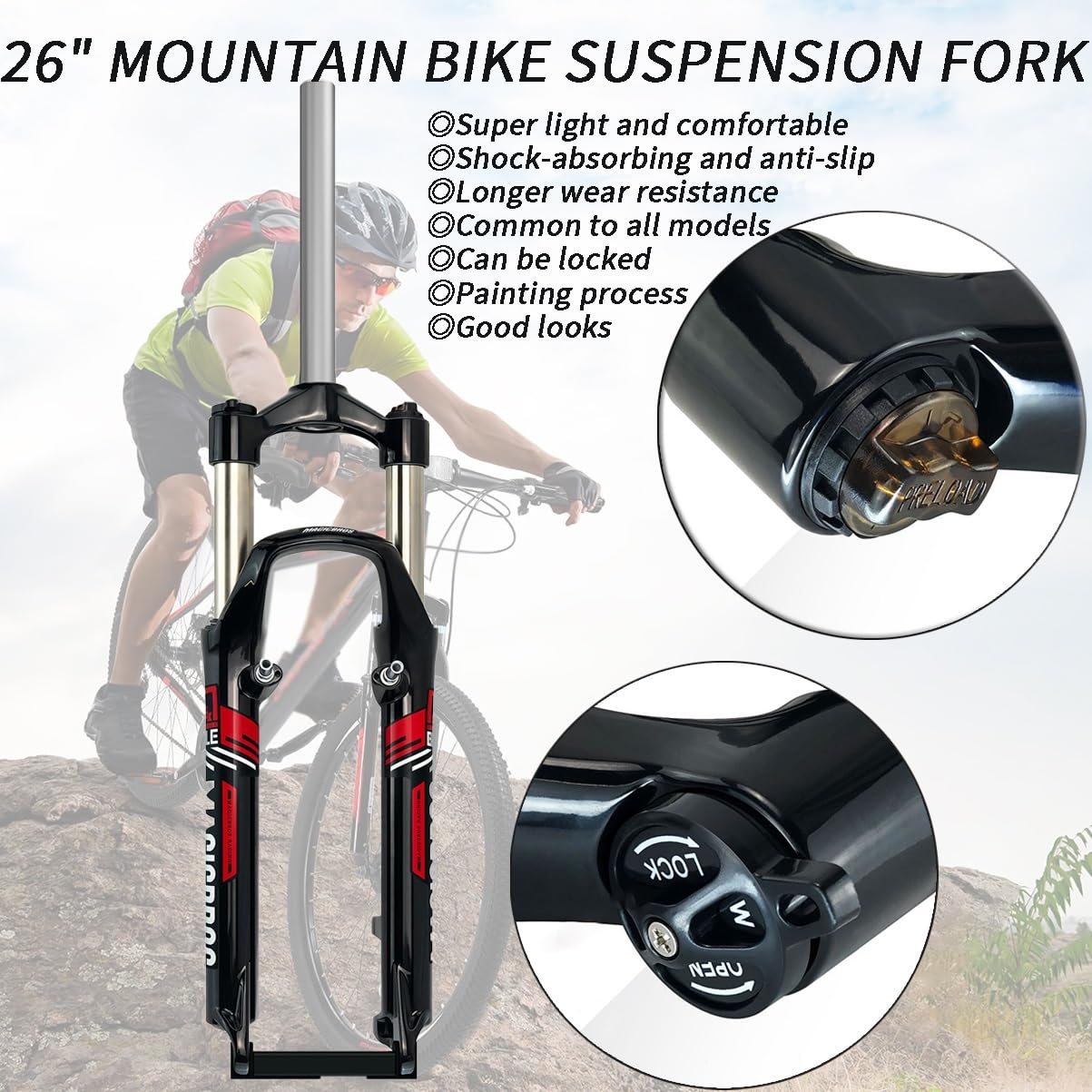 Fourche Suspendue pour VTT 26 Pouces, débattement de 100 mm, Tube Droit, Blocage Rapide Avant, Freins à Disque V-Brake 9*.