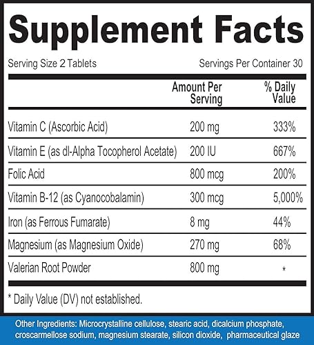Miniatura 6 de Natural para picazón natural, gateo, hormigueo y pierna agitada con hierro, magnesio y raíz de valeriana (60 tabletas)..