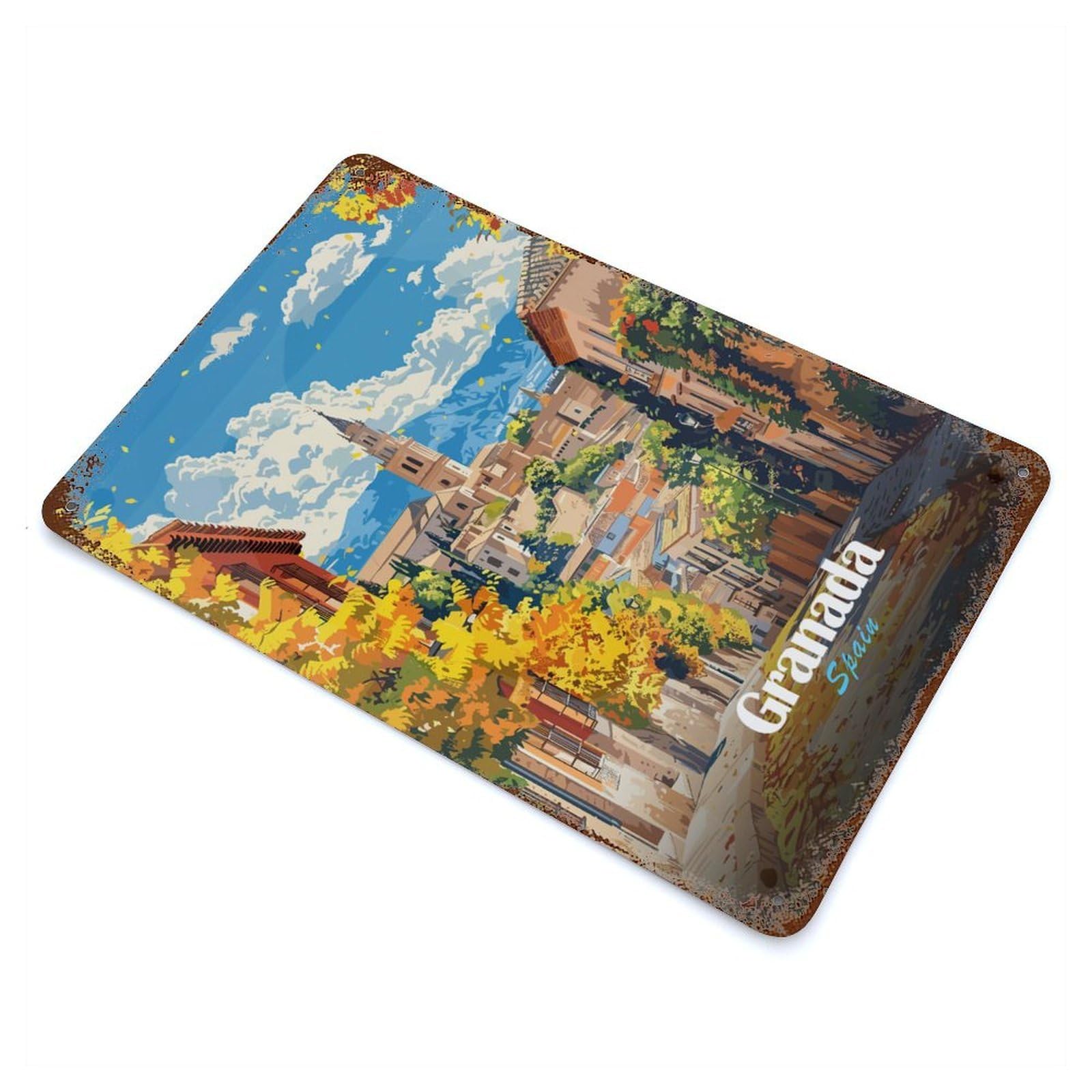 Rust Effect Tin Sign with Granada, Spain, Autumn Cityscape Design 11.8"x7.9", for Pub, Kitchen And Man Cave Decor, Industrial Home Decor