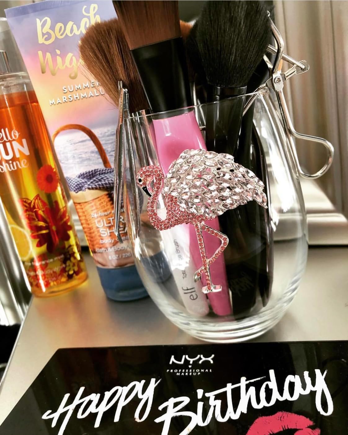 THE QUEENS' JEWELS – Flamingo Stemless Wine Glass, 21 oz. – Eye-Catching Sparkling Jewels – Hand-Decorated Glassware – Not Painted – Dazzling and Unique