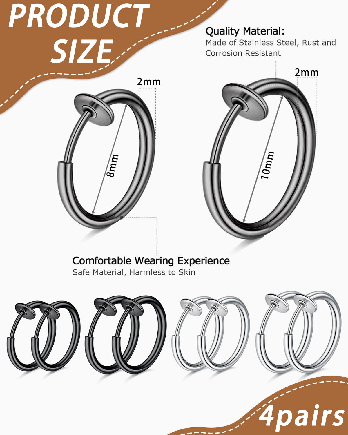 Set di 4 paia orecchini finti senza buco in acciaio inossidabile, Orecchini clip, cerchio, anello ear cuff, per creare un look moderno e senza piercing, Con borsa portaoggetti, Argento/Nero