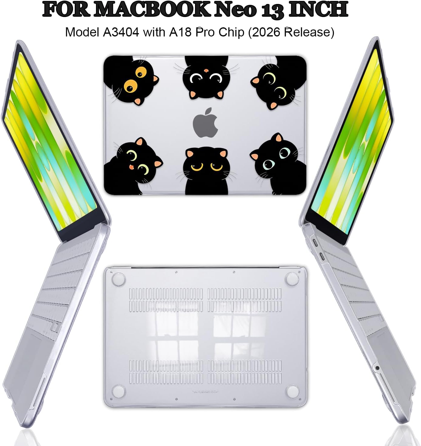 Laptop Case for 2026 MacBook Neo 13 A18 Pro A3404 | Ultra-Slim Anti-Scratch Full Protection Kit with Keyboard Cover, Screen Film, Shortcut Sticker & Webcam Cover, Funny Cat