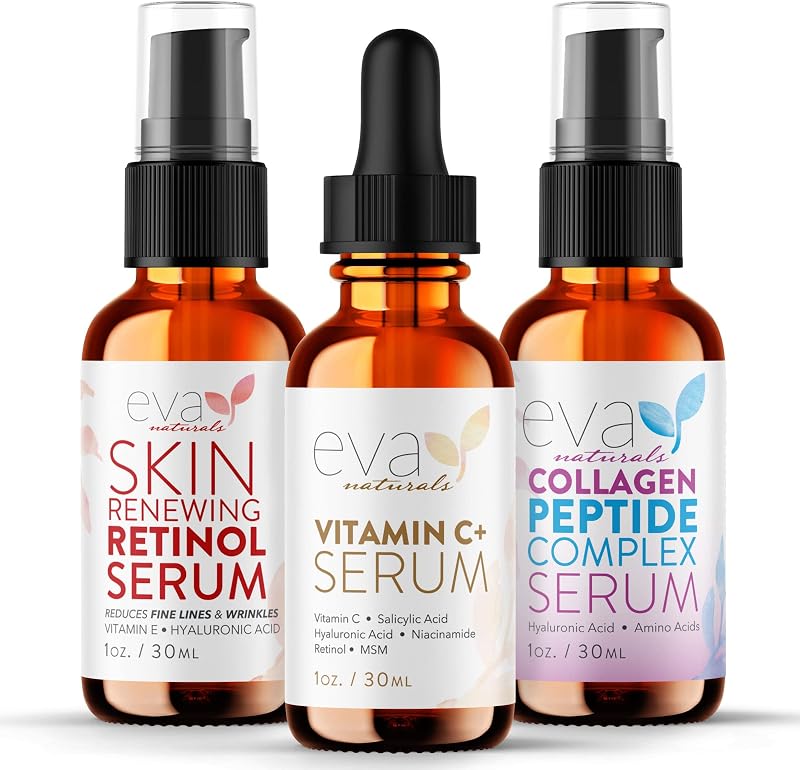 Juego de suero facial Eva Naturals Trifecta – Retinol, vitamina C y péptidos con ácido hialurónico y niacinamida – Paquete de cuidado de la piel antienvejecimiento para mujeres – Aumento del colágeno, tratamiento de arrugas y manchas | Set de 3 piezas, ácido hialurónico, niacinamida, antienvejecimiento, tratamiento de arrugas y manchas, potenciador de colágeno, para mujer
