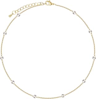 Cowlyn Pearl Choker Dainty Adjustable Necklace 18K Gold Plated Cultured Barque Pearl Tiny Chain Delicate Mother's Valentin...