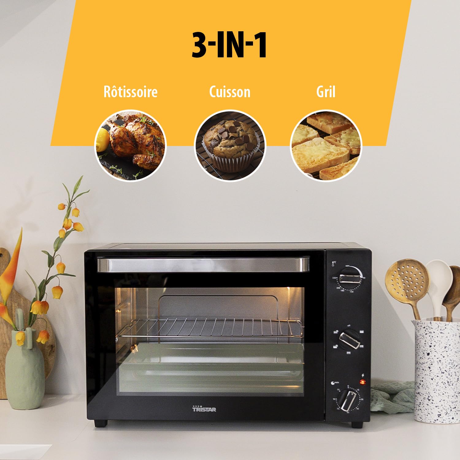 Tristar Four à convection, 2000 Watt, 60 L, Minuterie 90 min, avec Lampe Intérieure, Porte à Double Vitrage, Thermostat réglable jusqu’à 230°C, Accessoires inclus, OV-3640