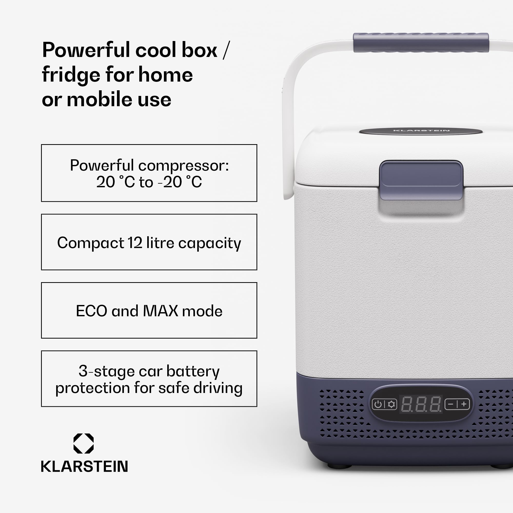 Klarstein SwiftFrost 12-litrowa lodówka turystyczna – Przenośna elektryczna lodówka z kompresorem, Dual Power (12V/230V), -20°C do 20°C, Tryby ECO i MAX, Idealna na kemping, Zamrażarka