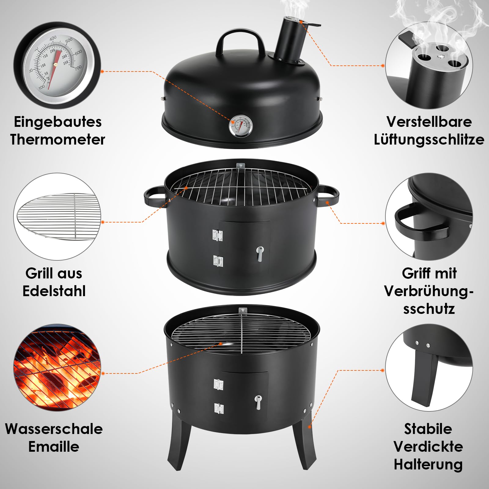 TLGREEN Fumoir 3 en 1, Smoker Fumoir avec Cheminée, Barbecue Charbon de Bois, avec Thermomètre, 2 Grilles Inox (φ 37,5 cm), 2 bol à eau en émail, Barbecue pour Fumer, Griller et Cuisiner