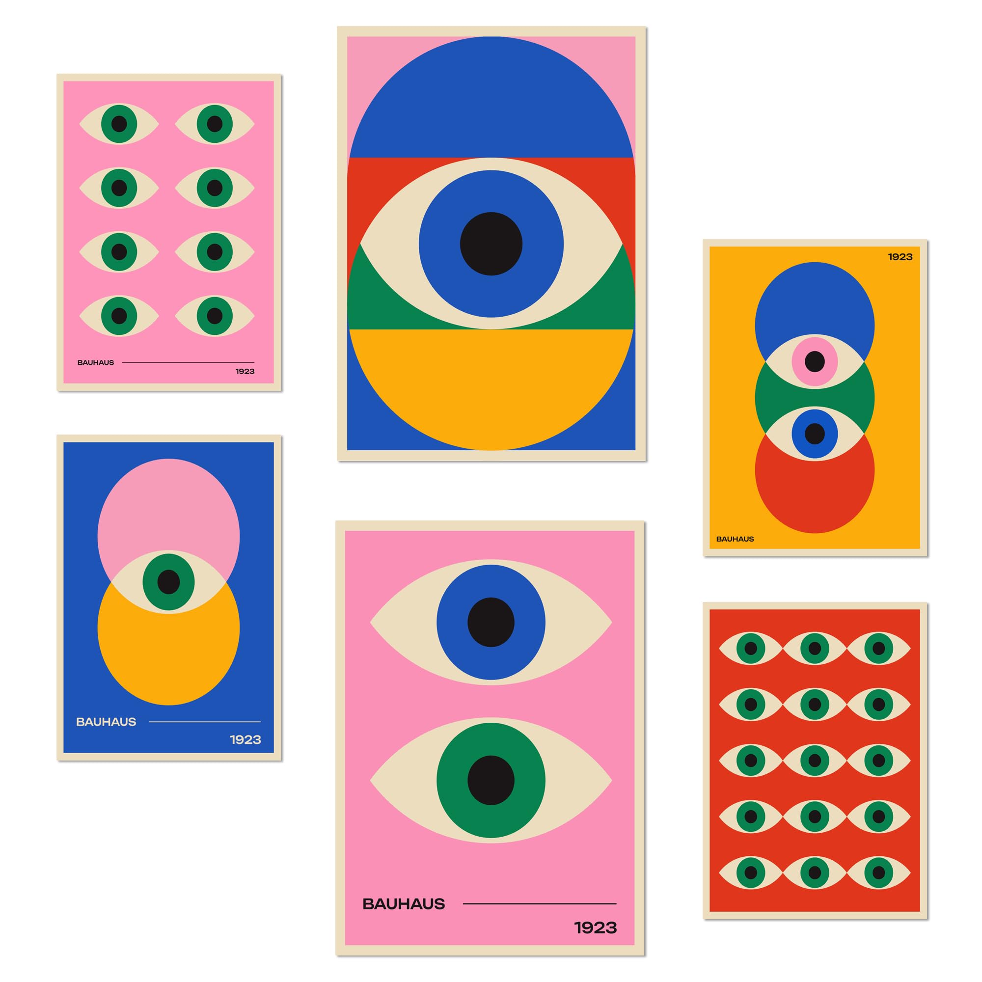 Nacnic Set of 6 posters Geometric Bauhaus Vibrant Colors And Eyes Design illustration to decorate the walls of home. Rooms office shop. A3 & A4 size. Frameless.