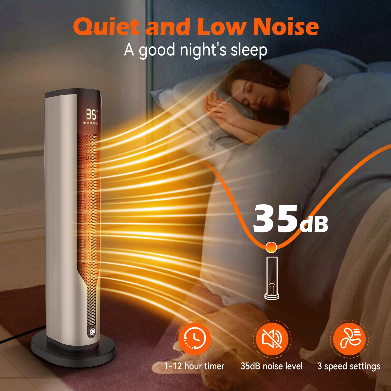Calefactor Baño,Calefactor Bajo Consumo 2000W,Calentador Cerámico Silencioso de 60cm,Protección Contra Sobrecalentamiento y Vuelco,Oscilación de 70°,3 Modos,Temporizador de 12 h