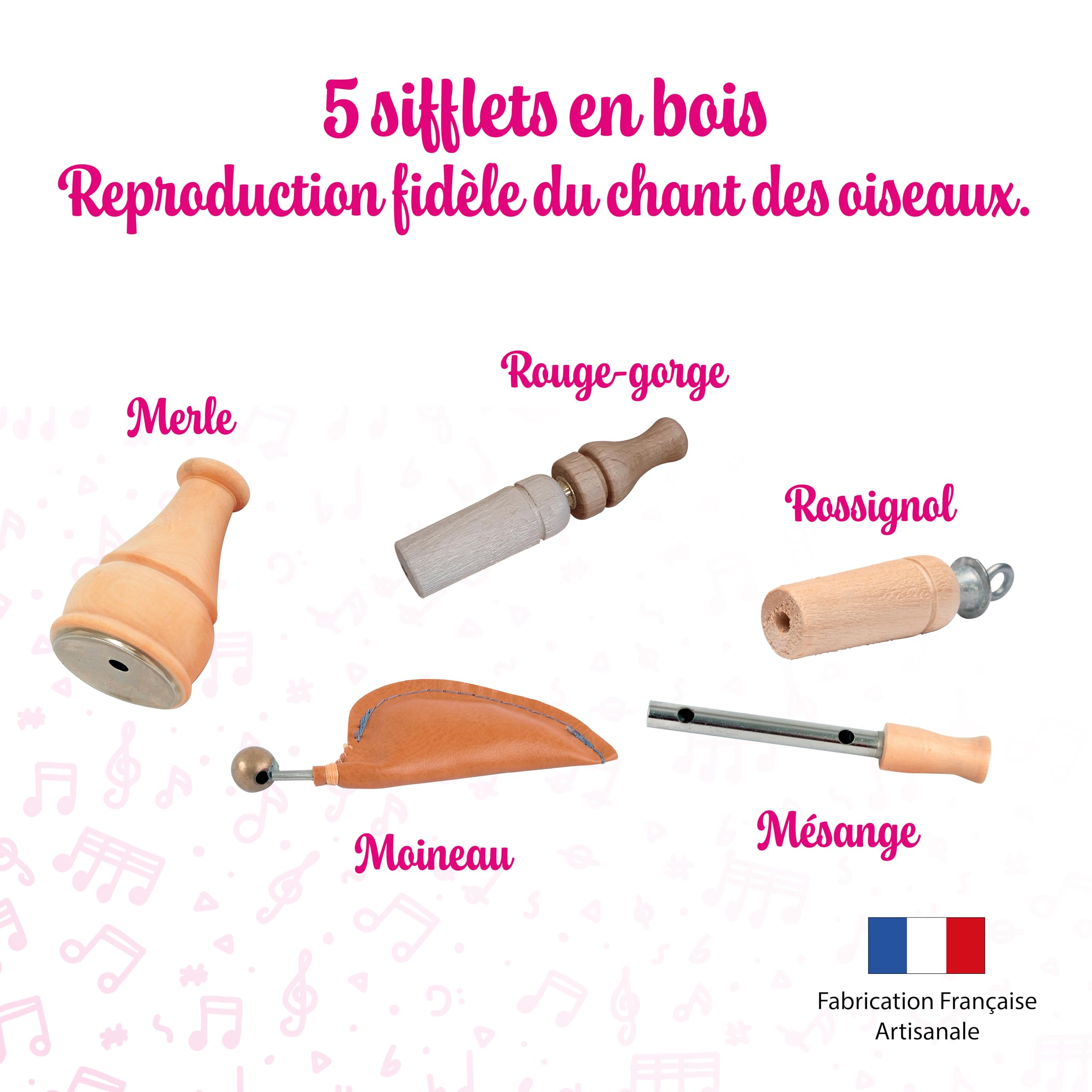 Fuzeau – Coffret 5 Appeaux Manuels - Bois Naturel Buis et Hêtre Vernis Alimentaire – Sons d’Oiseaux Authentiques Poule d’Eau, Grive, Moineau, Rossignol, Canard – Dès 4 Ans - Ref.78321