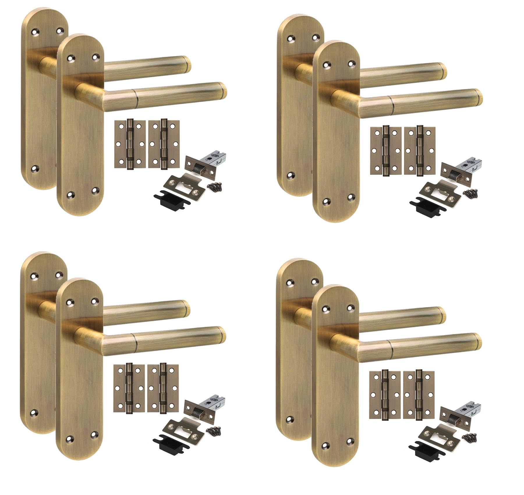 Golden Grace 4 Pair Victorian Long Plate Mitred Design Internal Door Handle Sets Antique Brass 182 x 45mm with 2.5" Latch & Hinges