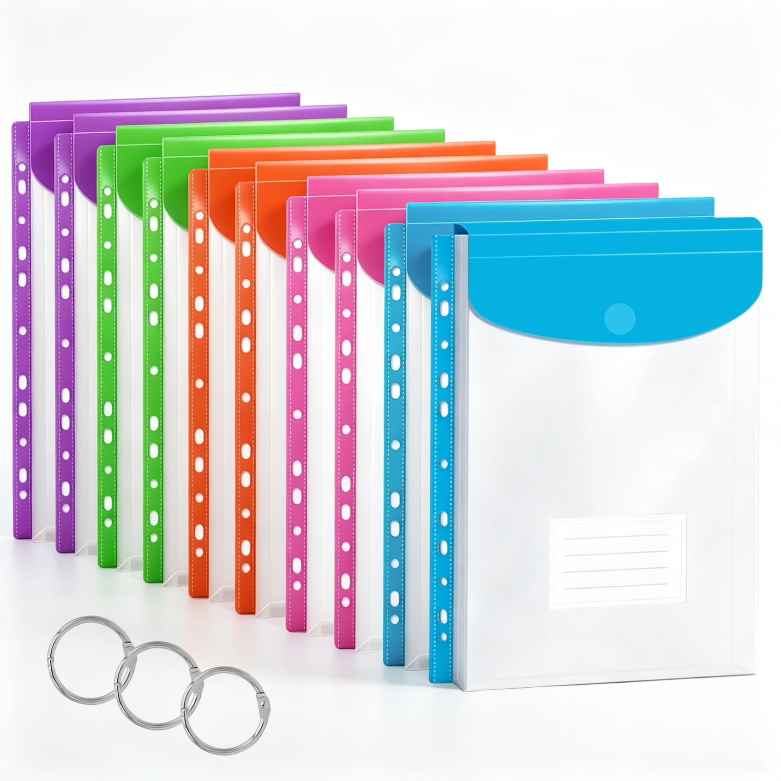 10 Pack Binder Folders with Pockets 11 Holes Expandable Dividers for 2/3/4 Ring Document Pouch with Velcro Button &amp; Label Loose-Leaf Transparent Binder Organizer for School Home Office